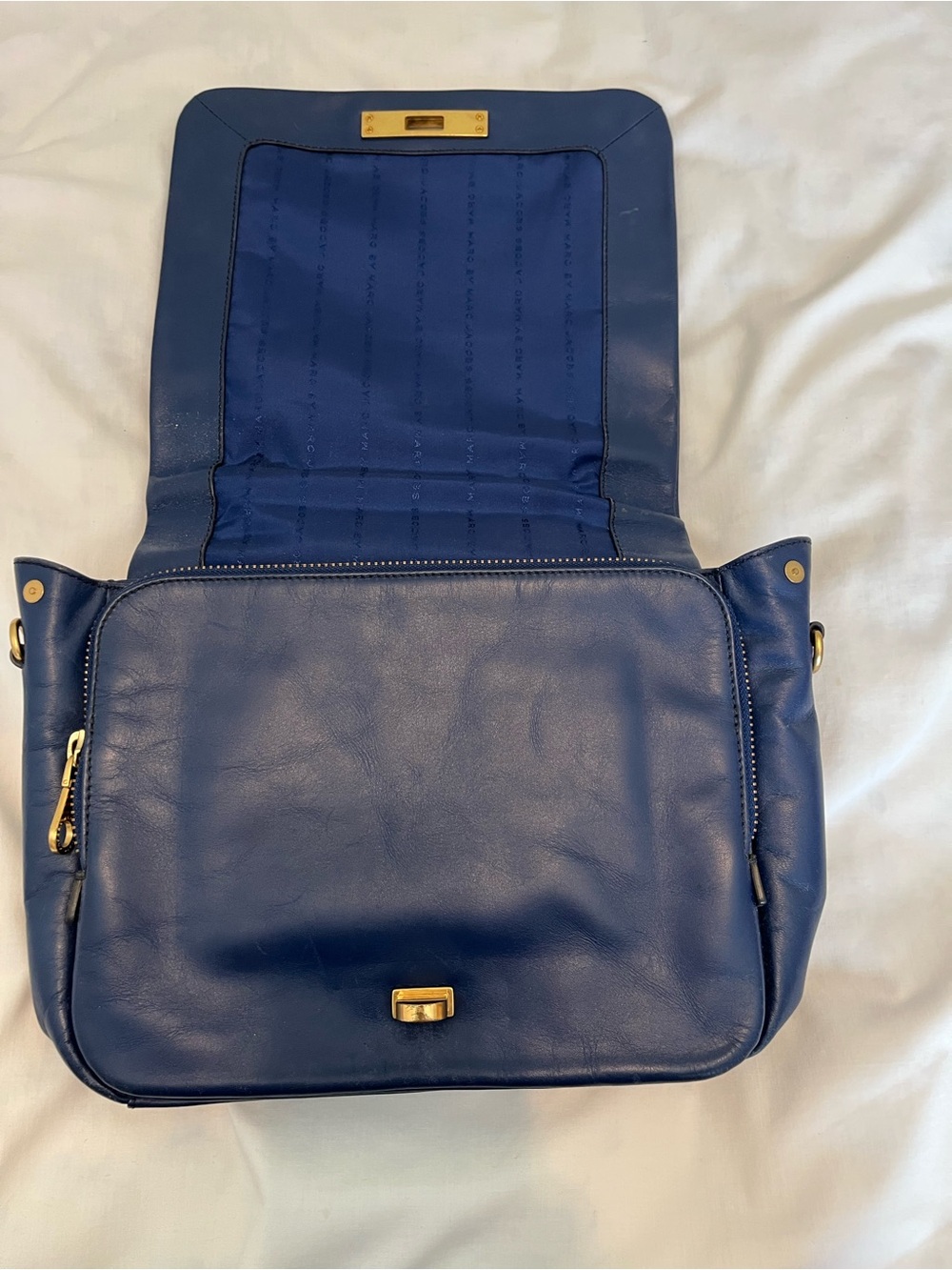 Classic Blue Leather Marc Jacobs Top-Handle Satchel/ipad Case Purse Pockets Zipp - Picture 2 of 8